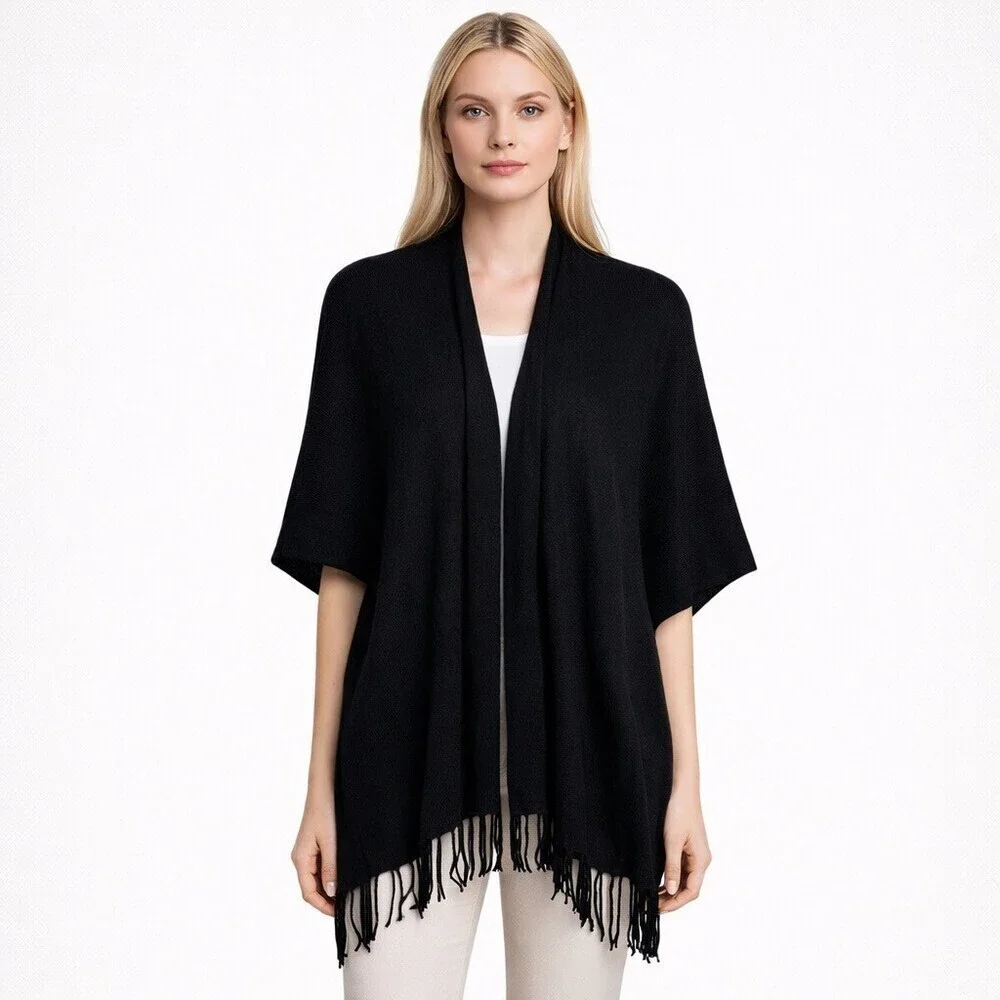 White + Warren Cashmere Two-Way Split travel Scarf Black Fringe Wrap